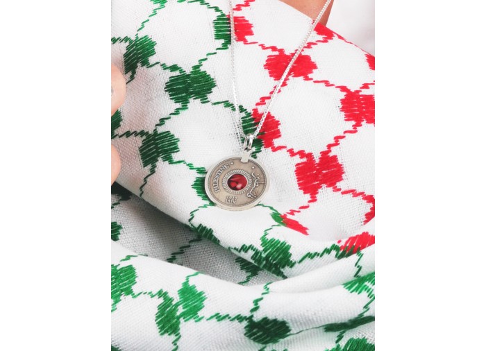 Palestine Coin Necklace - Silver - red
