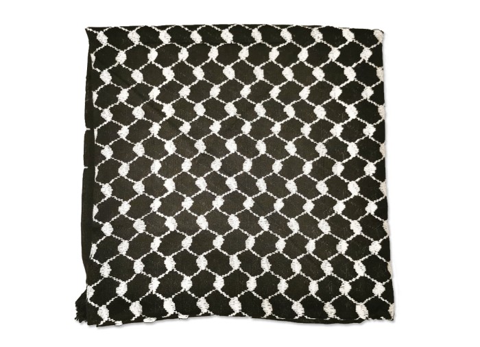 Palestinian Keffieh Koffiyeh Scarf Shemagh Black & White, on a black background, Made in Palestine