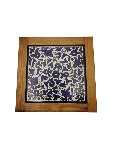 Plateau de table carré en bois avec céramique – Motif floral bleu (Modèle 1)
