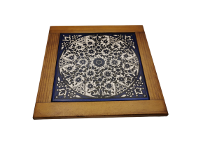 Quadratisches Holztisch-Tablett mit Keramik – Blaues...