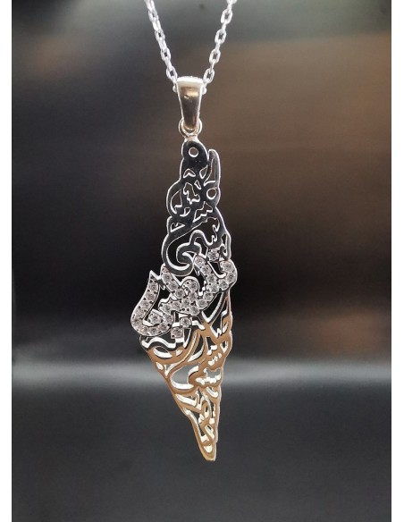 Carte de Palestine avec calligraphie arabe de la Palestine, inscription en cristal, collier bijou en argent pour femmes