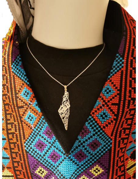 Carte de Palestine avec calligraphie arabe de la Palestine, inscription en cristal, collier bijou en argent pour femmes