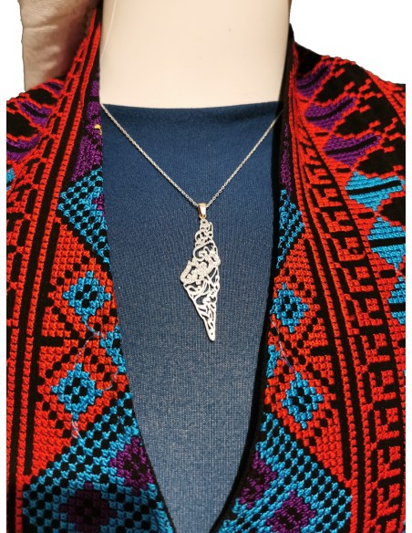 Palestine Map with Palestine Arab Calligraphy, Inscription Crystal, Necklace  Silver Women's Jewelry