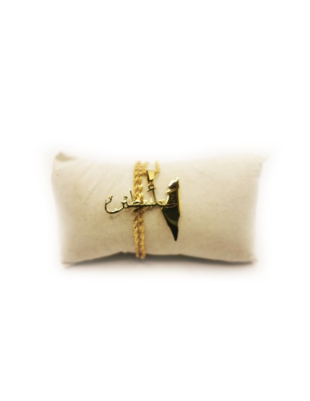 Collier en acier inoxydable avec inscription arabe « Palestine » et carte (doré)