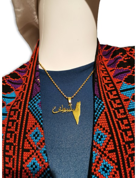 قلادة من الفولاذ المقاوم للصدأ مع نقش وخريطة "فلسطين" باللغة العربية (ذهبي)