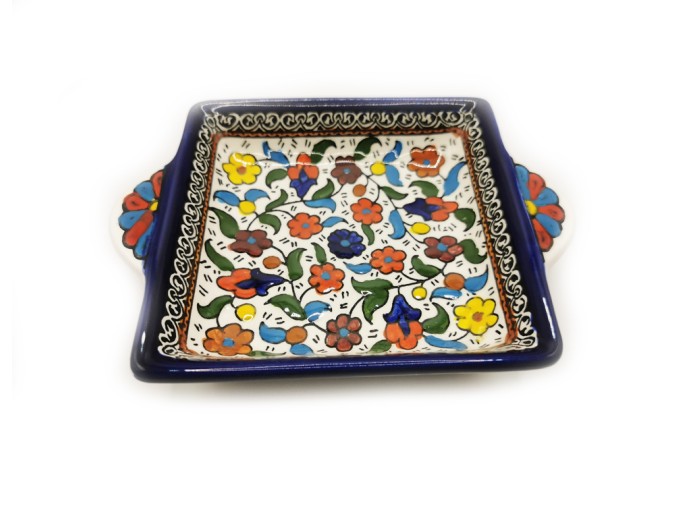 Square dish with handle, 13 cm - (colored), Hebron, Made in Palestine