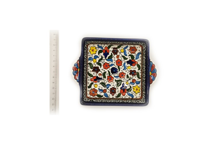 Square dish with handle, 13 cm - (colored), Hebron, Made in Palestine