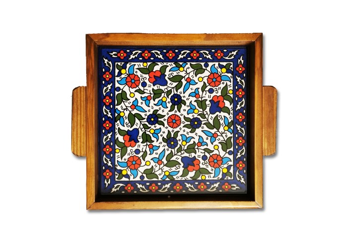 Wooden tray with ceramic tiles from Hebron - colored 20 x 20 cm